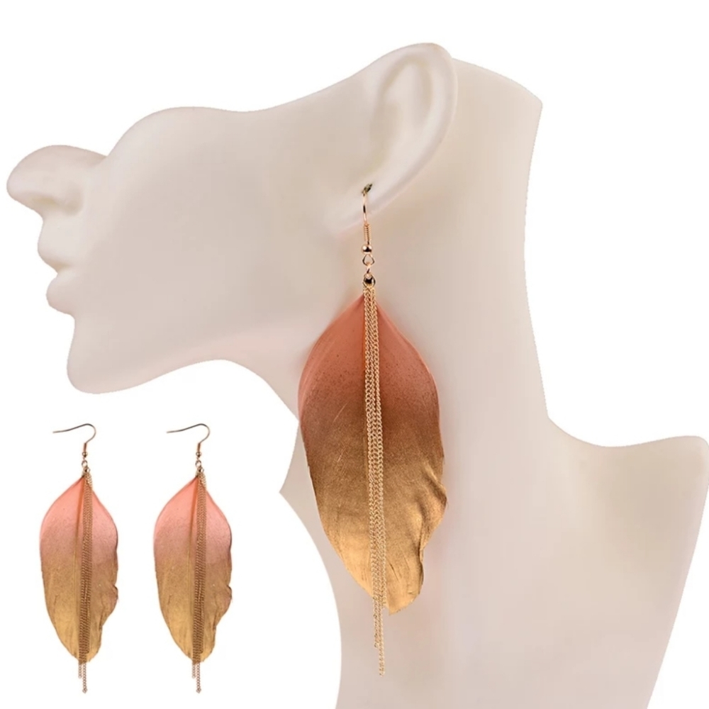 Exotic Feather Dipped in Gold Long Earring - Picture 5 of 5